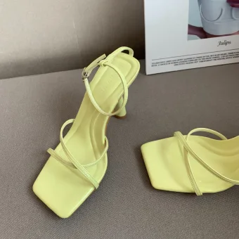 Sexy Jaune Été Vêtement De Rue Sandales Femme 2022 Bride Cheville 8 Cm Talons Aiguilles Peep Toes Bout Ouvert Sandales Talons Hauts