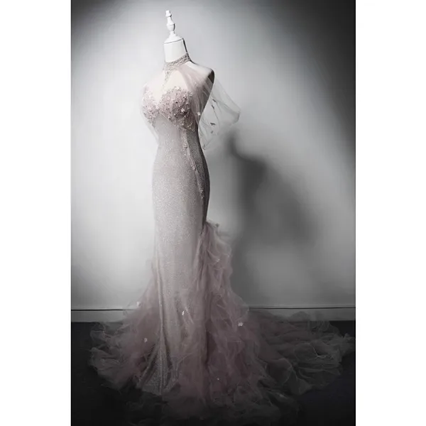 Haut de Gamme Rougissant Rose Perlage Faux Diamant Paillettes Robe De Soirée 2024 Trompette / Sirène Titulaire Sans Manches Dos Nu Train De Balayage Soirée Robe De Ceremonie