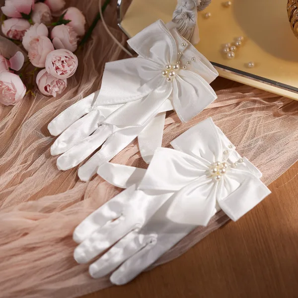 Vintage / Retro Ivory Pearl Satin Bow Bridal Gloves 2026 Wedding