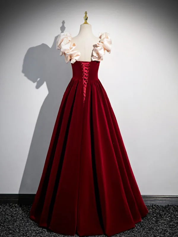 Elegant Burgundy Pearl Prom Dresses 2024 Ball Gown Square Neckline Ruffle Short Sleeve Floor-Length / Long Prom Formal Dresses Backless