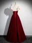 Elegant Burgundy Pearl Prom Dresses 2024 Ball Gown Square Neckline Ruffle Short Sleeve Floor-Length / Long Prom Formal Dresses Backless