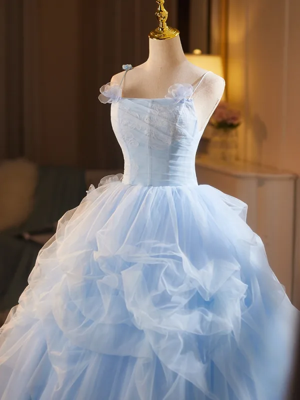 Chic / Beautiful Sky Blue Cascading Ruffles Appliques Prom Dresses 2025 Ball Gown Spaghetti Straps Sleeveless Backless Floor-Length / Long Prom Formal Dresses