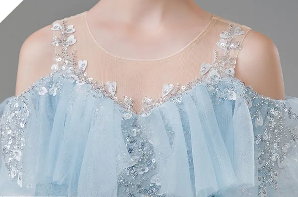 Chic / Beautiful Sky Blue Beading Sequins Birthday Flower Girl Dresses 2024 Ball Gown Scoop Neck Short Sleeve Floor-Length / Long Tulle
