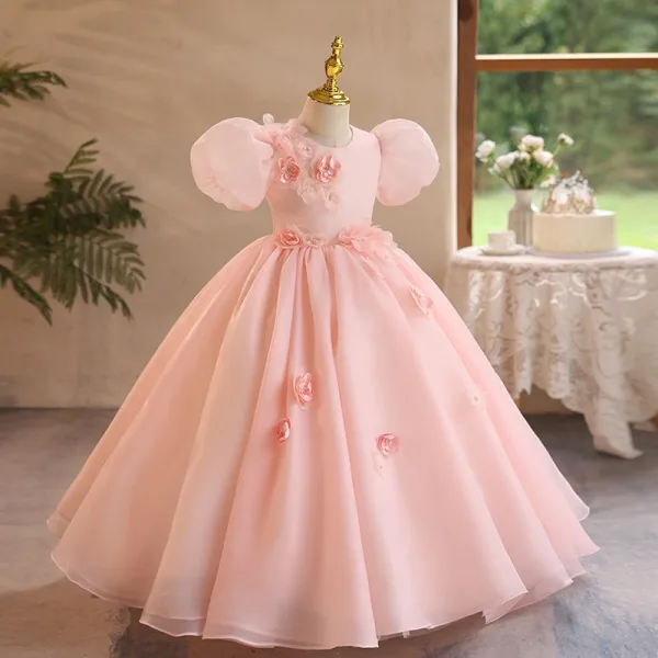 Elegant Blushing Pink Appliques Birthday Flower Girl Dresses 2024 Ball Gown Scoop Neck Puffy Short Sleeve Backless Floor-Length / Long Flower Girl Dresses
