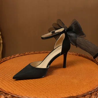Sexy Noire Noeud Soirée Chaussures Femmes 2023 Bride Cheville 8 Cm Talons Aiguilles À Bout Pointu Chaussures Femmes Talons Hauts