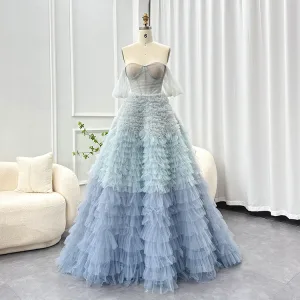 Charming Sky Blue Pleated Prom Dresses 2025 A Line Princess Strapless Sleeveless Backless Floor Length Long Formal Dresses