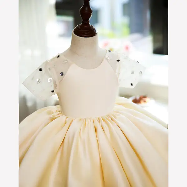 Elegant Champagne Pearl Sequins Short Birthday Flower Girl Dresses 2022 Ball Gown Scoop Neck Short Sleeve Flower Girl Dresses