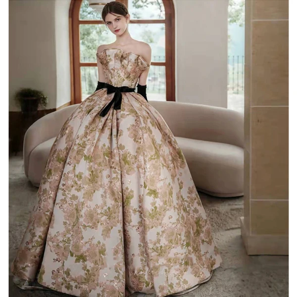High-end Multi-Colors Printing Prom Dresses 2022 Ball Gown Strapless Sleeveless Backless Bow Sash Floor-Length / Long Formal Dresses