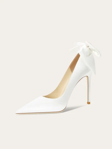 Elegantes Blanco Bowknot Zapatos De Novia 2024 Cuero 10 Cm Stilettos Tacones De Aguja Punta Estrecha Boda Tacones