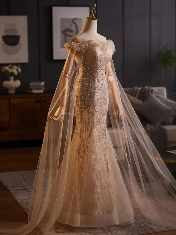 Bling Bling Charming Gold Beading Appliques Sequins Evening Dresses 2025 Trumpet / Mermaid Off-The-Shoulder Sleeveless Backless Floor-Length / Long Formal Dresses