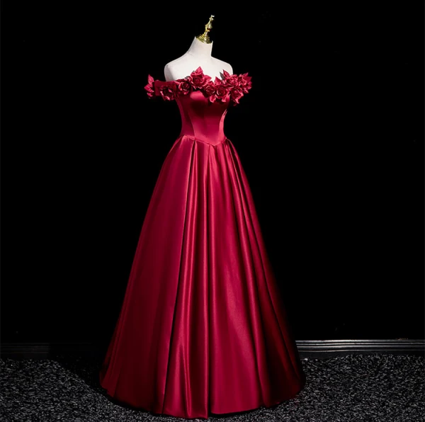 Elegant Burgundy Appliques Satin Prom Dresses 2024 A-Line / Princess Off-The-Shoulder Sleeveless Backless Floor-Length / Long Prom Formal Dresses