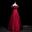 Elegant Burgundy Appliques Satin Prom Dresses 2024 A-Line / Princess Off-The-Shoulder Sleeveless Backless Floor-Length / Long Prom Formal Dresses