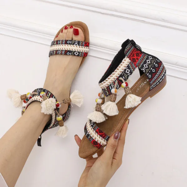 Bohemia Summer Black Street Wear Beach Flat Womens Sandals 2022 Ankle Strap Open / Peep Toe Sandals