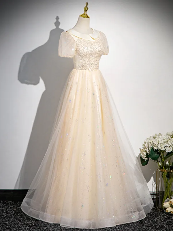 Chic / Beautiful Champagne Sequins Prom Dresses 2024 A-Line / Princess Scoop Neck Short Sleeve Floor-Length / Long Prom Formal Dresses