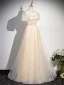 Chic / Beautiful Champagne Sequins Prom Dresses 2024 A-Line / Princess Scoop Neck Short Sleeve Floor-Length / Long Prom Formal Dresses