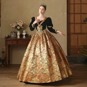 Médiévale Gothique Noire Doré En Dentelle Fleur Paillettes Robe De Bal 2024 Robe Boule Encolure Carrée 3 4 Manches Longue Promo Robe De Ceremonie