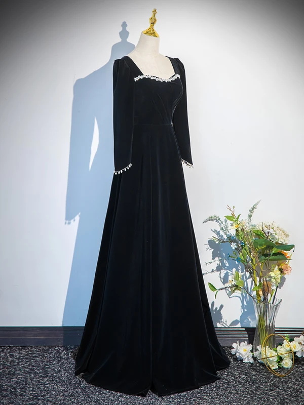 Vintage / Retro Black Winter Pearl Velvet Prom Dresses 2024 A-Line / Princess Square Neckline Long Sleeve Backless Floor-Length / Long