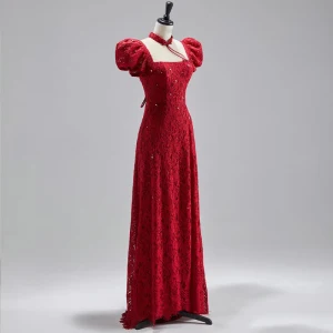 Style Chinois Bordeaux Perle En Dentelle Fleur Robe De Soirée 2023 Princesse Col Haut Manches Courtes Dos Nu Noeud Longue Soirée Robe De Ceremonie