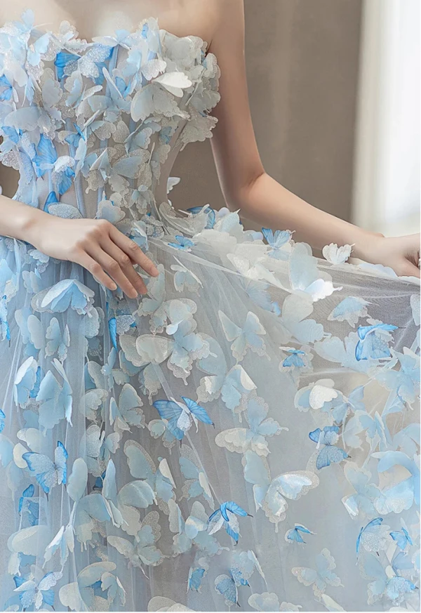 Chic / Belle Bleu Ciel Appliques Bustier Robe De Bal 2024 Princesse Sans Manches Dos Nu Train De Balayage Promo Robe De Ceremonie