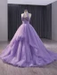 High End Lila Perlenstickerei Pailletten Plissee Ballkleider 2024 Ballkleid Neckholder Ärmellos Rückenfreies Sweep / Pinsel Zug Ball Festliche Kleider