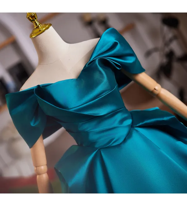 Vintage / Retro Ink Blue Satin Prom Dresses 2025 Ball Gown Off-The-Shoulder Short Sleeve Backless Sweep Train Formal Dresses
