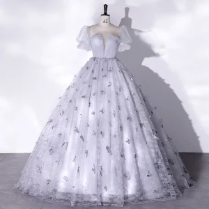 Élégant Gris Papillon Robe De Bal 2022 Robe Boule Encolure Dégagée Gonflée Manches Courtes Longue Promo Robe De Ceremonie