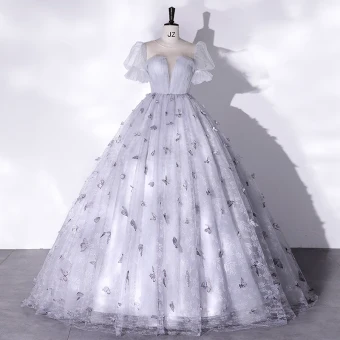 Elegant Grey Butterfly Prom Dresses 2022 Ball Gown Scoop Neck Puffy Short Sleeve Floor Length Long Prom Formal Dresses