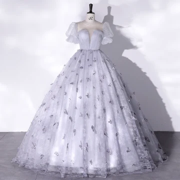 Élégant Gris Papillon Robe De Bal 2022 Robe Boule Encolure Dégagée Gonflée Manches Courtes Longue Promo Robe De Ceremonie