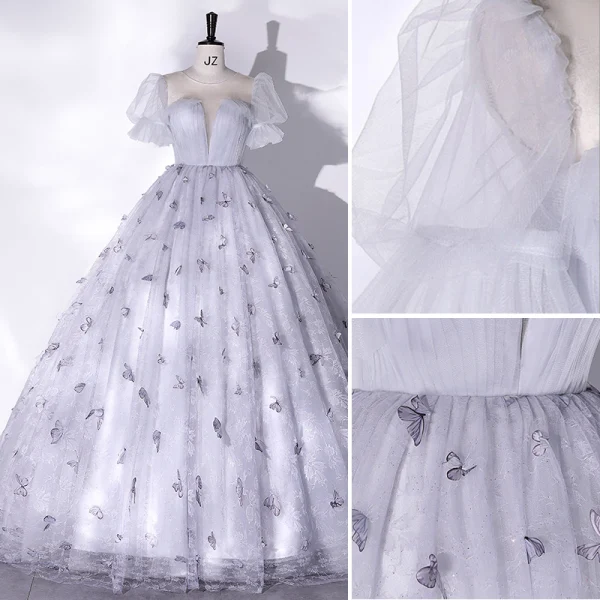 Elegant Grey Butterfly Prom Dresses 2022 Ball Gown Scoop Neck Puffy Short Sleeve Floor-Length / Long Prom Formal Dresses