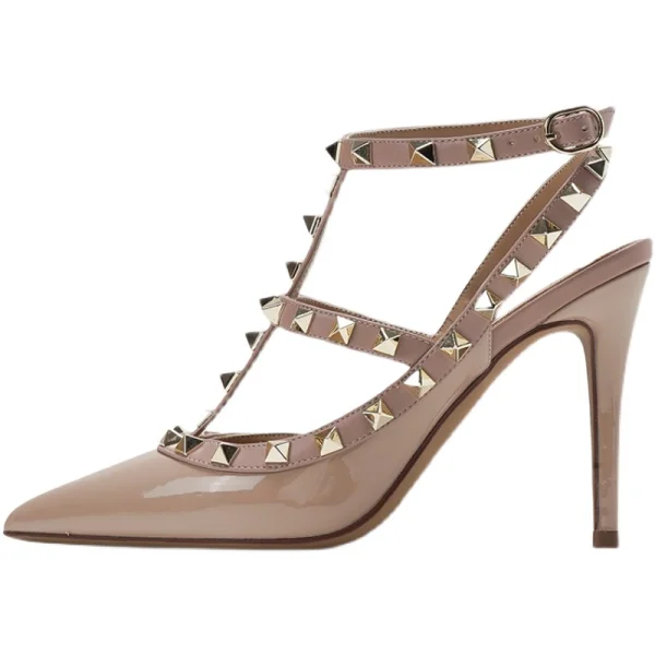 Sexy Black Rivet Evening Party Womens Shoes 2022 Leather T-Strap 10 cm Stiletto Heels Pointed Toe High Heels