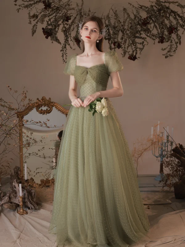 Modest / Simple Clover Green Spotted Prom Dresses 2023 A-Line / Princess Square Neckline Short Sleeve Backless Floor-Length / Long Prom Formal Dresses