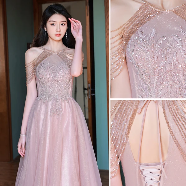 Chic / Belle Rougissant Rose Robe De Bal 2022 Princesse Titulaire Perlage Gland Paillettes En Dentelle Fleur Sans Manches Dos Nu Longue Robe De Ceremonie