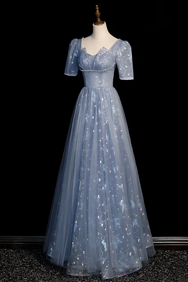 Chic / Beautiful Sky Blue Butterfly Sequins Prom Dresses 2023 A-Line / Princess Square Neckline Pearl Short Sleeve Backless Floor-Length / Long Prom Formal Dresses