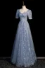 Chic / Beautiful Sky Blue Butterfly Sequins Prom Dresses 2023 A-Line / Princess Square Neckline Pearl Short Sleeve Backless Floor-Length / Long Prom Formal Dresses