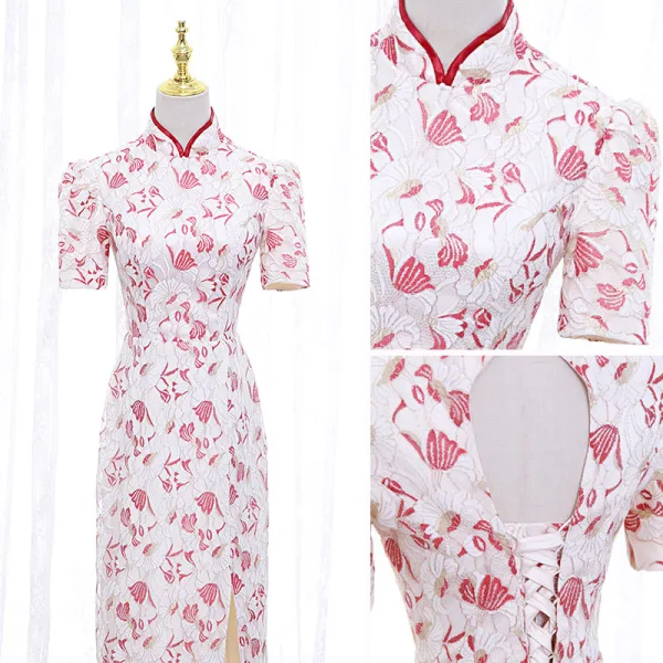 Charming Lace Flower White Cheongsam 2022 Trumpet / Mermaid High Neck Short Sleeve Backless Split Front Floor-Length / Long Evening Party Cheongsam / Qipao