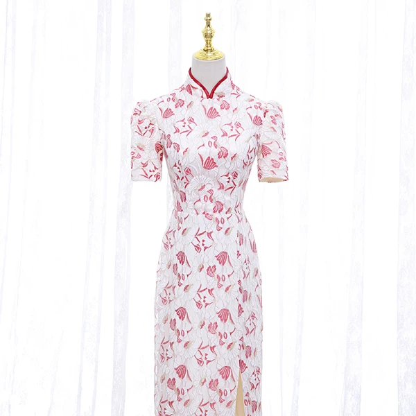Charming Lace Flower White Cheongsam 2022 Trumpet / Mermaid High Neck Short Sleeve Backless Split Front Floor-Length / Long Evening Party Cheongsam / Qipao