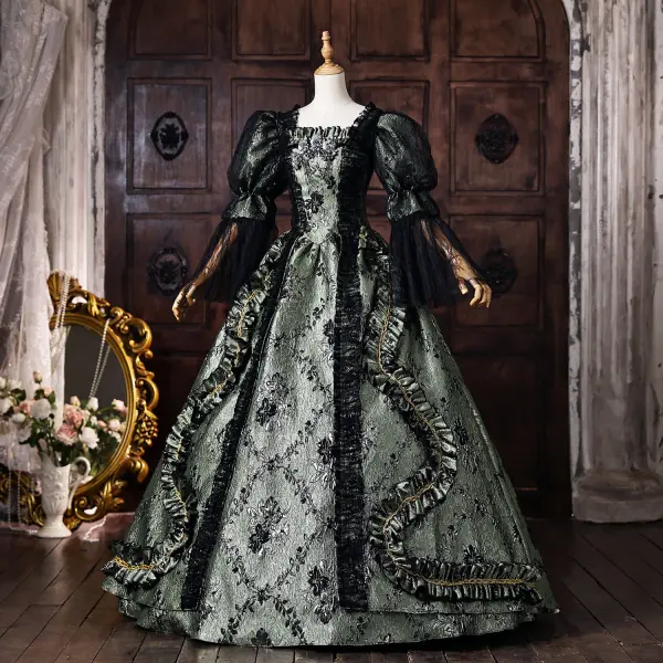 Medieval Vintage / Retro Dark Green Beading Appliques Printing Prom Dresses 2026 Ball Gown Square Neckline Bell sleeves Floor-Length / Long Formal Dresses