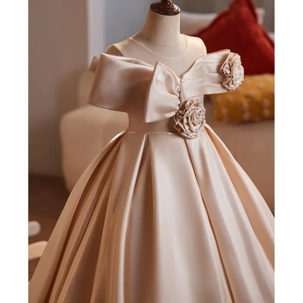 Elegant Champagne Pearl Flower Birthday Flower Girl Dresses 2025 Ball Gown Scoop Neck Short Sleeve Backless Floor-Length / Long