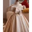 Elegant Champagne Pearl Flower Birthday Flower Girl Dresses 2025 Ball Gown Scoop Neck Short Sleeve Backless Floor-Length / Long