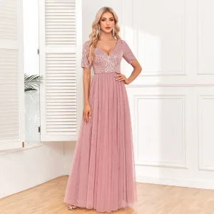 Modest Simple Blushing Pink Sequins Prom Dresses 2024 A Line Princess V Neck Short Sleeve Backless Floor Length Long Prom Formal Dresses