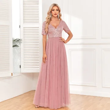 Simple Rougissant Rose Paillettes Robe De Bal 2024 Princesse V Cou Manches Courtes Dos Nu Longue Promo Robe De Ceremonie