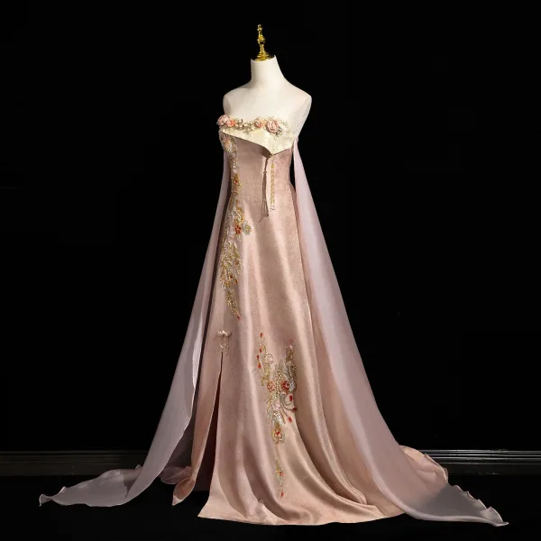 Style Chinois Rougissant Rose Perlage Paillettes En Dentelle Fleur Appliques Fendue devant Robe De Bal 2025 Princesse Bustier Sans Manches Dos Nu Train De Balayage Promo