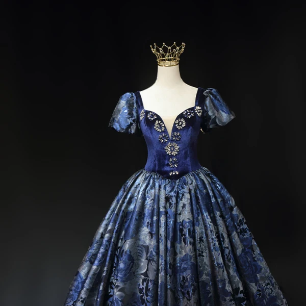 Vintage / Retro Ocean Blue Prom Dresses 2023 Ball Gown Rhinestone Square Neckline Puffy Short Sleeve Backless Floor-Length / Long Prom Formal Dresses