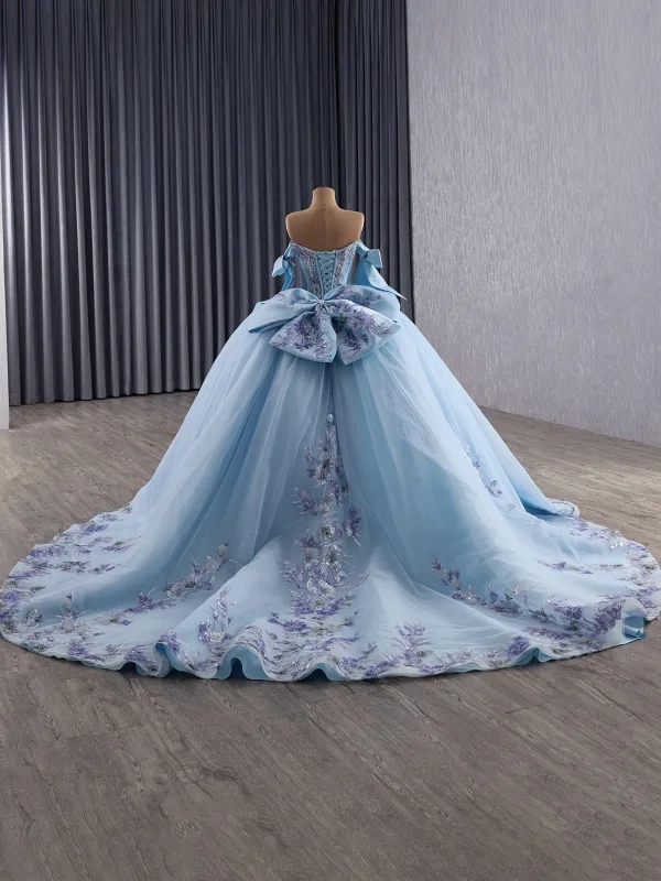 Luxury / Gorgeous Sky Blue Handmade  Beading Sequins Lace Flower Prom Dresses 2025 Ball Gown Off-The-Shoulder Sleeveless Backless Bow Floor-Length / Long