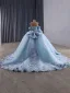 Luxury / Gorgeous Sky Blue Handmade  Beading Sequins Lace Flower Prom Dresses 2025 Ball Gown Off-The-Shoulder Sleeveless Backless Bow Floor-Length / Long