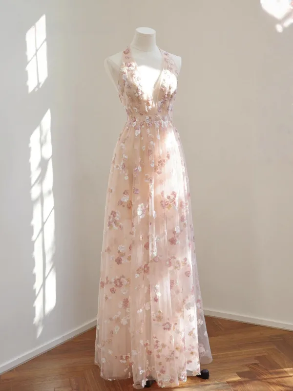 Sexy Rosa Pailletten Abendkleider 2026 A Linie Neckholder Ärmellos Rückenfreies Lange Festliche Kleider