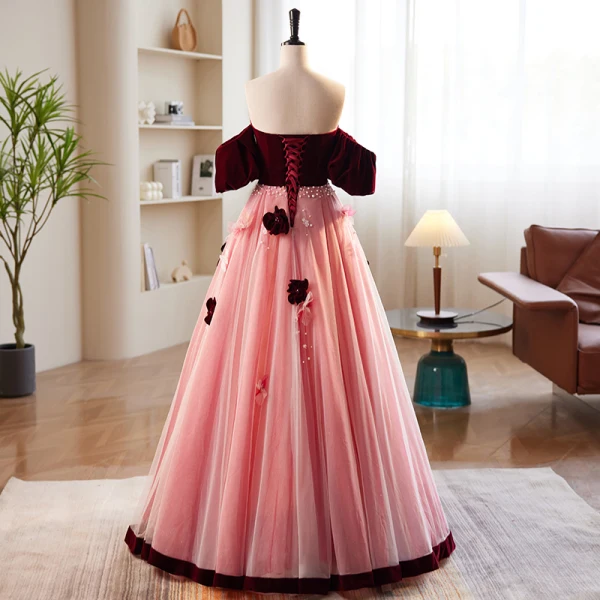 Chic / Beautiful Burgundy Pearl Appliques Prom Dresses 2023 A-Line / Princess Strapless Short Sleeve Backless Floor-Length / Long Prom Formal Dresses