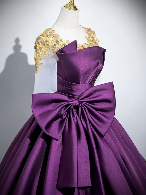 Vintage / Retro Purple Lace Flower Bow Satin Prom Dresses 2025 Ball Gown Scoop Neck Short Sleeve Backless Floor-Length / Long Prom Formal Dresses