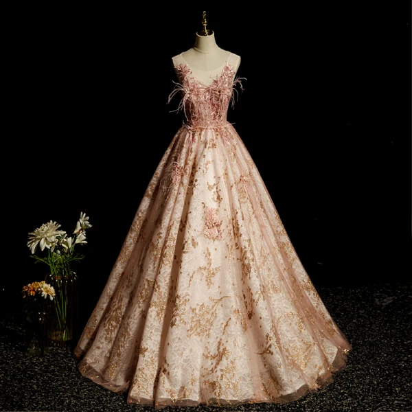 Elegant Blushing Pink Prom Dresses 2023 Ball Gown Scoop Neck Beading Rhinestone Sequins Lace Flower Tassel Sleeveless Backless Floor-Length / Long Formal Dresses