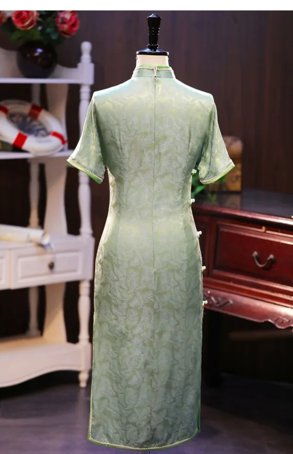 Chinese style Sage Green Pearl Printing Silk Prom Cheongsam 2024 Trumpet / Mermaid High Neck Short Sleeve Tea-length